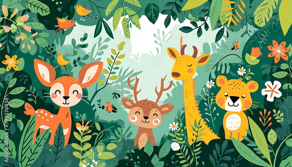 Naklejka premium Illustrated wildlife harmony with a deer, fox, birds, giraffes, and lush flora in a vibrant, whimsical forest scene. Generative AI