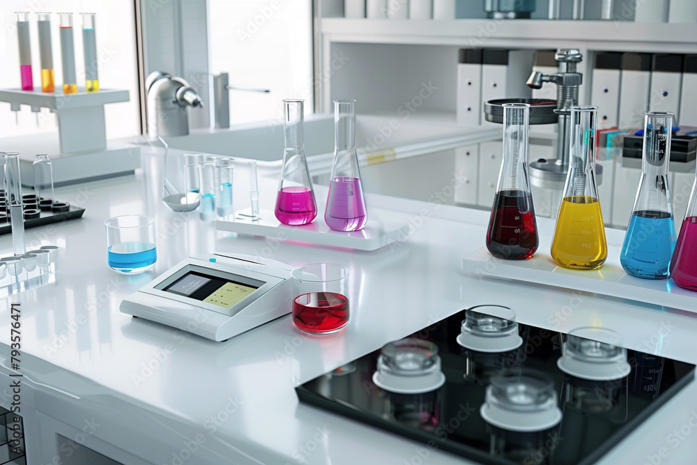 An image of a well-organized chemistry lab station with flasks containing colorful solutions, Bunsen burners, and a digital balance scale on a clean, white countertop.