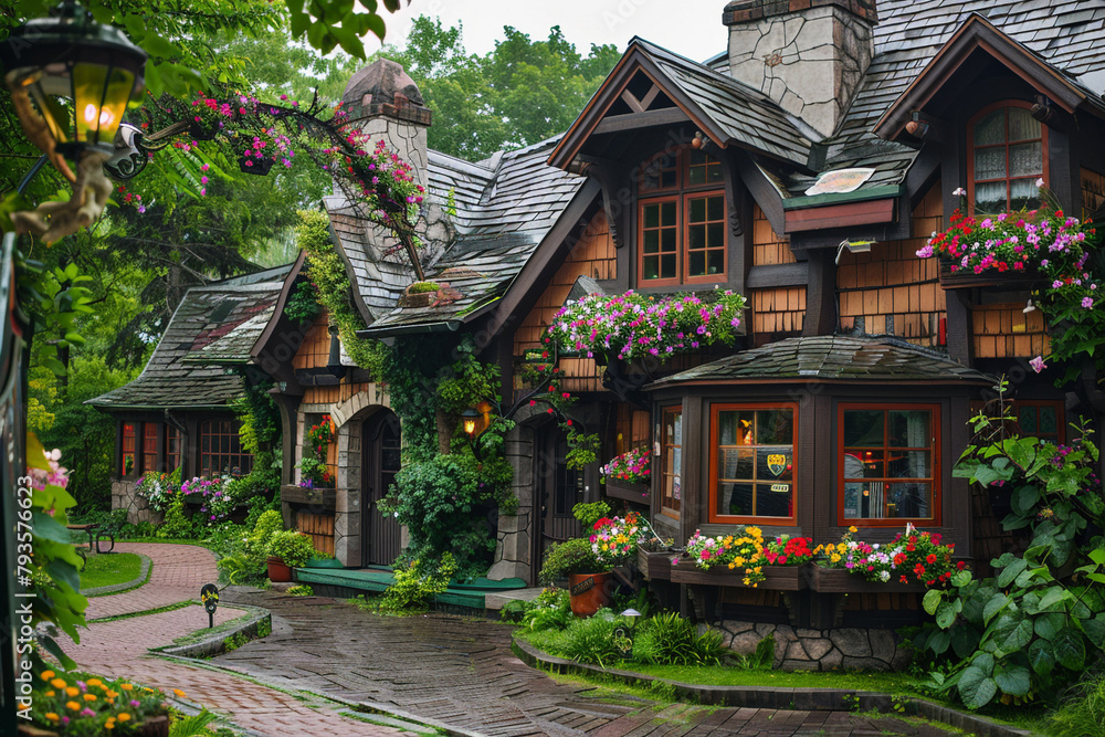 A charming cottage-style school with flower boxes under the windows and a winding path leading to a storybook entrance.