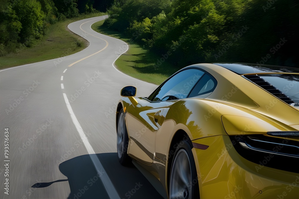 Yellow sports cars on the road highway driving Generative Ai