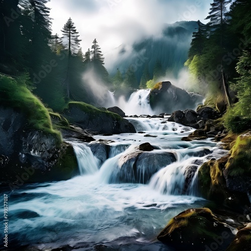 A river flows over rocks in a forest, creating a waterfall. The sky is dark and foggy, and there are evergreen trees on the surrounding hills.