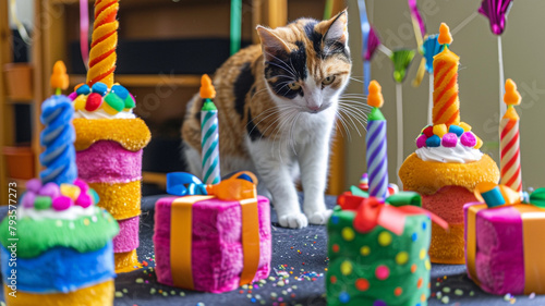A festive scene with a group of multicolored catnip toys shaped like birthday cakes and presents, with a curious calico cat investigating the setup.
