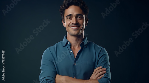 Smiling millennial male, exuding confidence against a solid slate blue background, his folded arms reflecting contentment photo