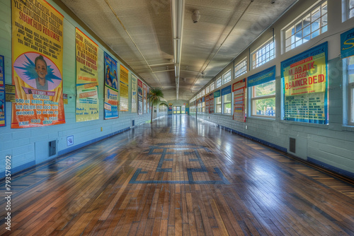 A spacious school hallway adorned with motivational quotes and educational posters, bathed in the quiet of early morning. © Salar's arts