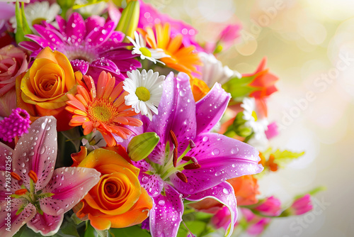 A vibrant bouquet of mixed flowers including roses, lilies, and daisies, set against a soft, light background, with dew drops visible on the petals.