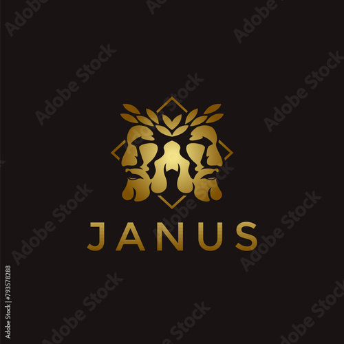 Elegance gold Janus God logo wearing leaf crown vector icon on black background