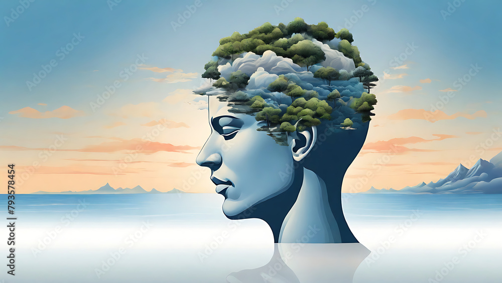 An abstract Outline of a human head containing a surreal landscape background, symbolizing the concept of inner peace and mental isolation with copy space, meditate