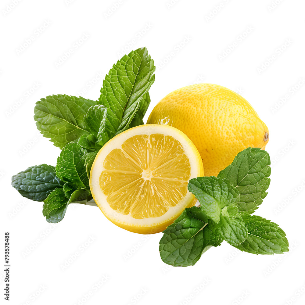 Fresh lemons and green mint leaves isolated on transparent background Generative Ai. Fresh lemons and green mint leaves isolated on transparent background Generative Ai.