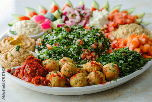 A vibrant display of Middle Eastern mezze, including hummus, tabbouleh, baba ganoush, and falafel, arranged on a large, white platter. 