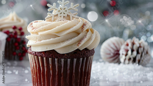 A winter wonderland-themed cupcake with sparkling white frosting and a delicate, edible snowflake on top, set against a frosty, icy backdrop.