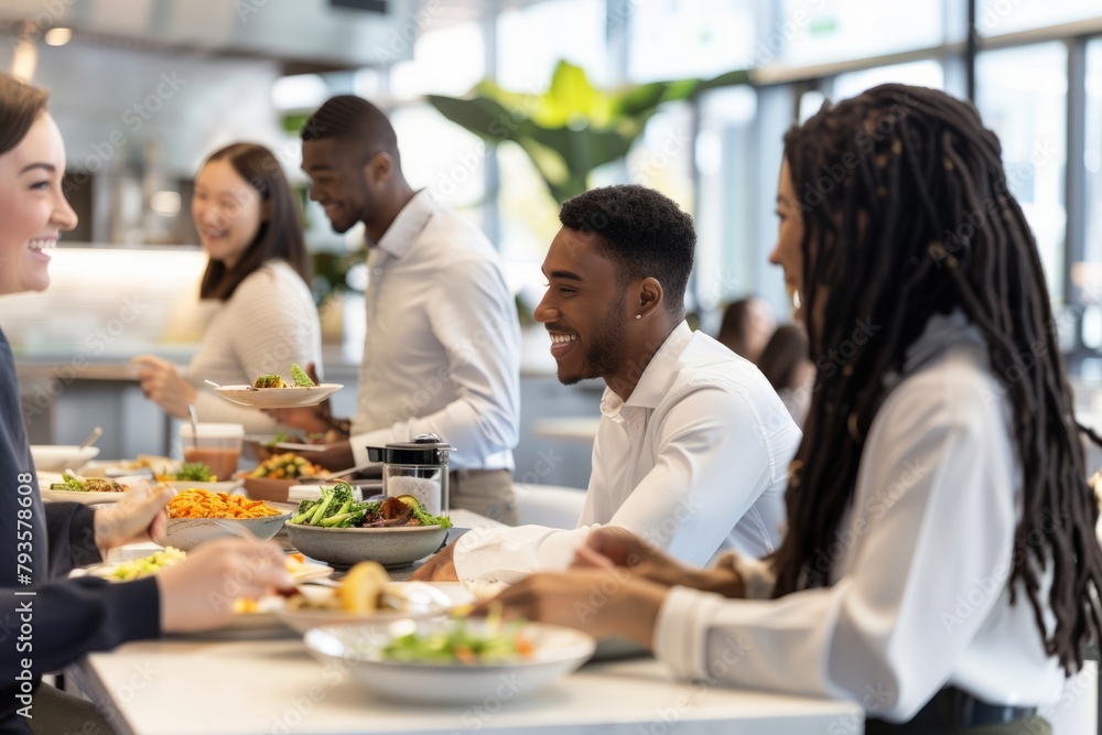 Professional Photography of work friends enjoying a casual lunch together in the company cafeteria, Generative AI Professional Photography of work friends enjoying a casual lunch together in the company cafeteria, Generative AI