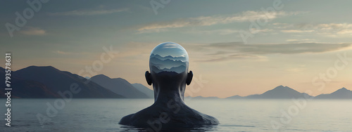 An abstract Outline of a human head containing a surreal landscape background, symbolizing the concept of inner peace and mental isolation with copy space, back view