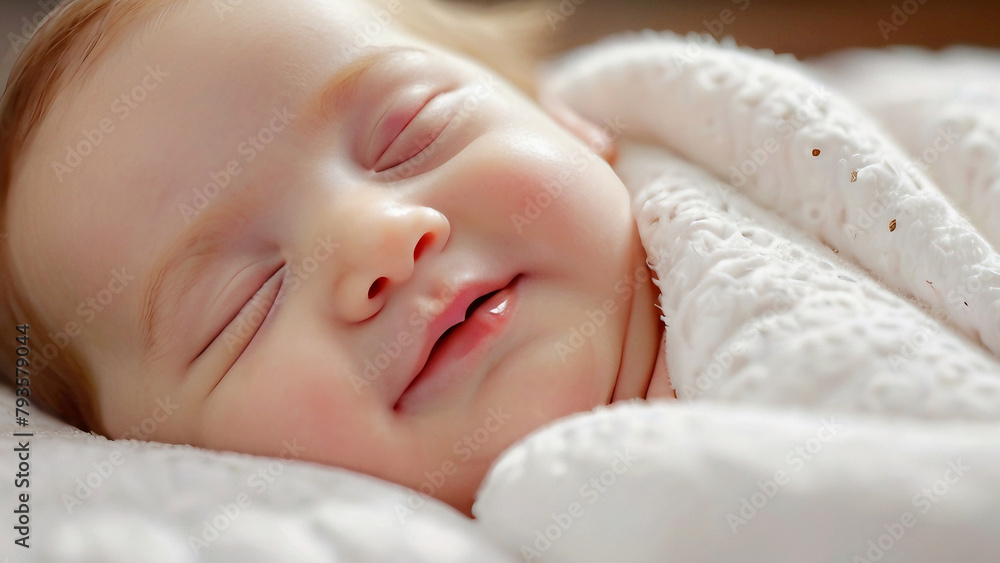 Little baby smiling. Baby lying on a bed sleeping in white. Little baby smiling. Baby lying on a bed sleeping in white.