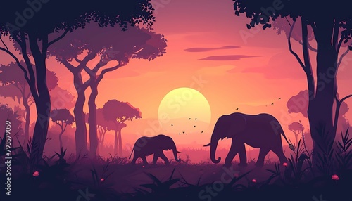 Silhouettes of an elephant and calf against a radiant sunset with acacia trees and a flock of birds in a tranquil savanna setting. Generative AI