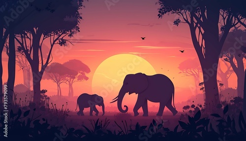 Silhouettes of an elephant and calf against a radiant sunset with acacia trees and a flock of birds in a tranquil savanna setting. Generative AI