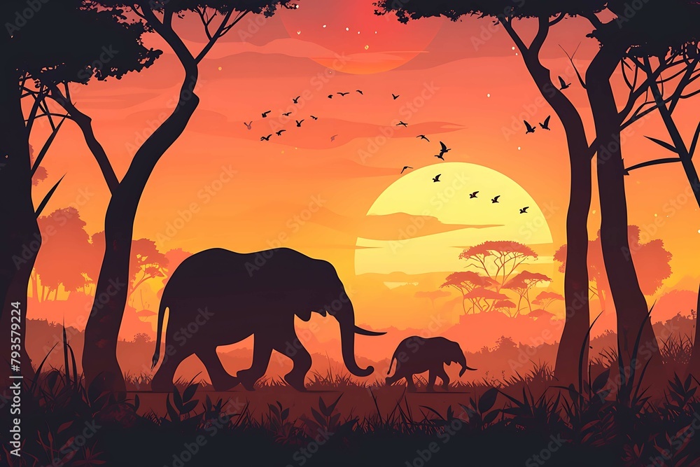 Silhouettes of an elephant and calf against a radiant sunset with acacia trees and a flock of birds in a tranquil savanna setting. Generative AI Silhouettes of an elephant and calf against a radiant sunset with acacia trees and a flock of birds in a tranquil savanna setting. Generative AI