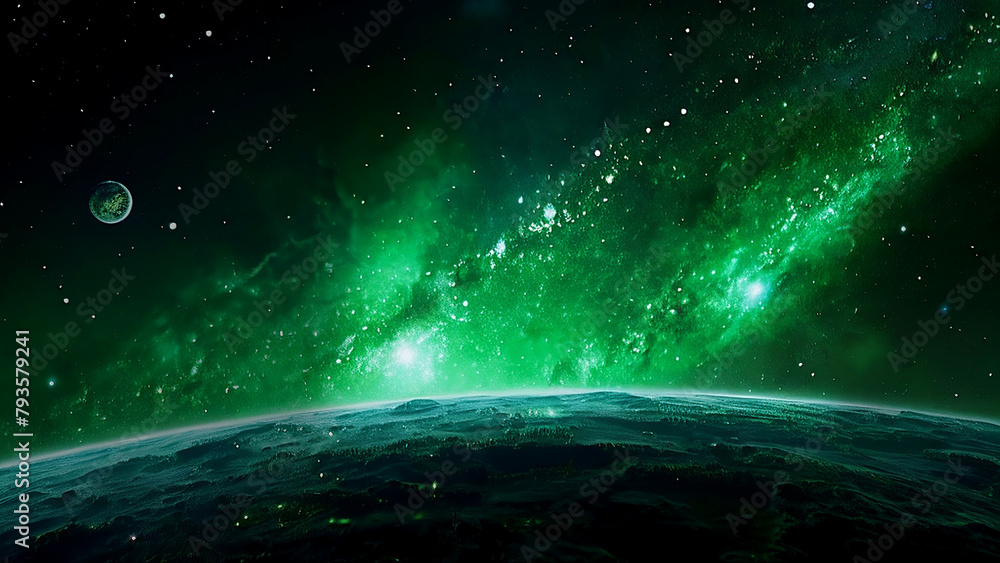 The Green Universe. Attractions. Space Background. Green Moon and Planets.