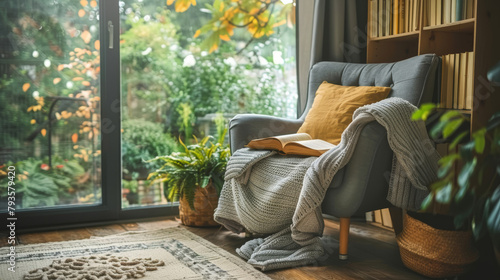 Inviting reading nook with a comfy armchair, knit throw, and a peaceful garden view, creating a serene retreat.