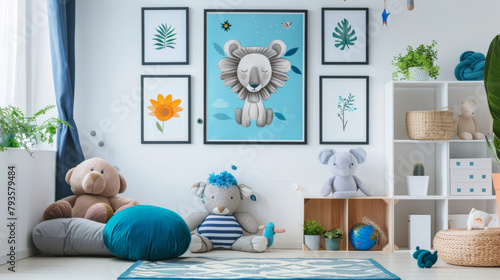 Modern nursery room setup with cute stuffed animals, cozy pillows, and calming blue tones in the wall art and textiles. photo