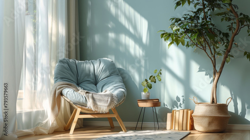 A relaxing corner with a blue papasan chair, natural light, and green plants, perfect for a peaceful break. photo