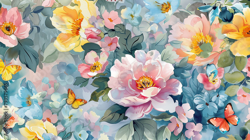 Flower Colors of July A bright mix of , pinks, yellows, light blues, pastels and tiny butterflies on tiny peonies,summer,tropical,watercolor