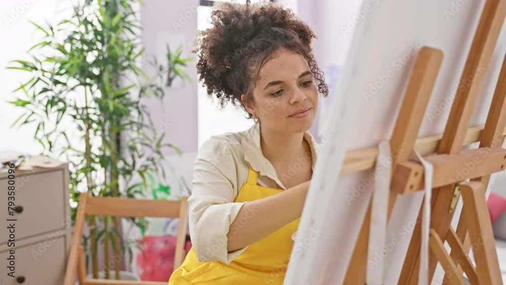 Cheerful hispanic artist with curly hair happily beckoning with a hand gesture, inviting and welcoming you into her studio with a come here sign Cheerful hispanic artist with curly hair happily beckoning with a hand gesture, inviting and welcoming you into her studio with a come here sign