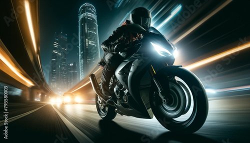 A low angle image of a motorcyclist, capturing the intensity and speed as he speeds through the city at night. The motorcycle stands out in a clear silhouette against the backdrop of high-rise buildin photo