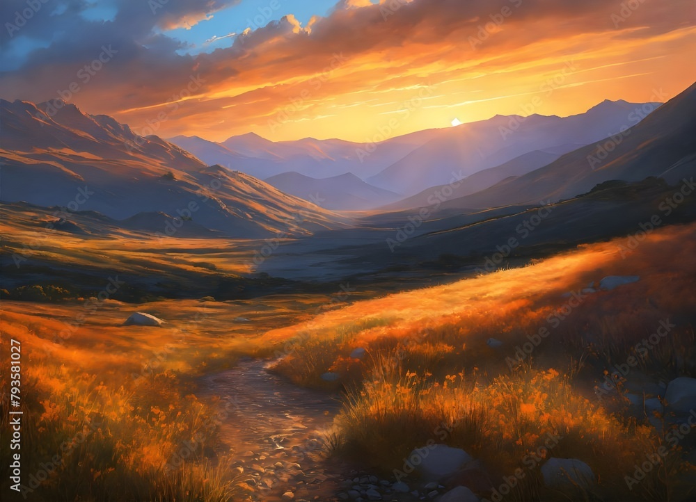 River Flowing Through Valley, Embraced by Mountains and Grasslands Under a Colorful Sky