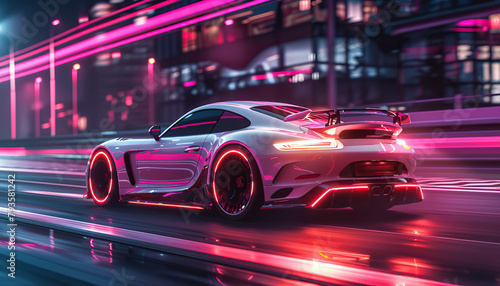 A car is driving down a street with neon lights by AI generated image photo