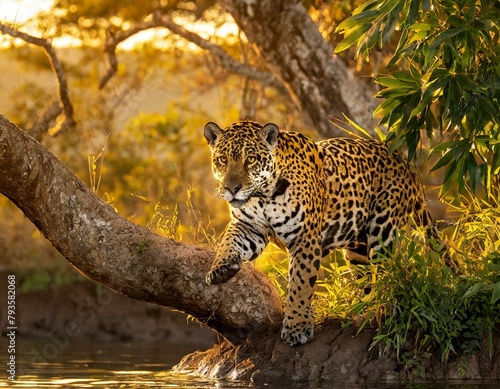 Jaguar side view, golden hour, jaguar in the wildlife, Ai Generate  © Yasir