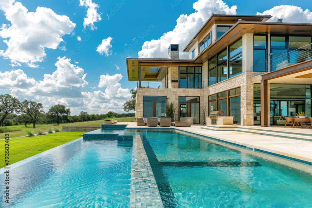 A large, modern home with an expansive pool and patio area in the Texas countryside. The house has multiple levels of windows overlooking the beautiful blue sky and green grass.
