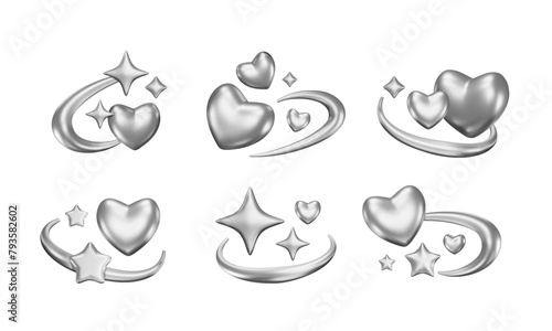 Set of y2k futuristic elements. 3d hearts and stars on galaxy orbit. Abstract geometric shapes, techno symbols, dynamic vector illustrations, isolated chrome sparkle and love art.