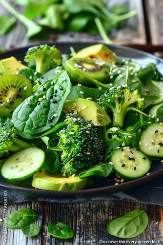 Green salad with spinach, kiwi, cucumber, and broccoli in a bowl. Generated AI.
