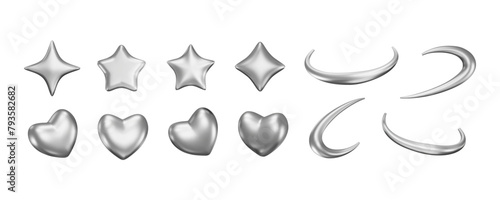 Set of 3D chrome stars, hearts and galaxy orbits. Futuristic y2k metal elements. Geometric design symbols collection. Vector isolated illustration. Glossy techno and romantic icons.