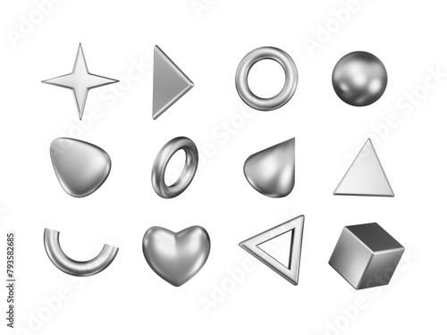 Set of 3D chrome elements and abstract shapes. Futuristic y2k metal  star, circles, triangles, cube, heart. Geometric design symbols collection. Vector isolated illustration. Glossy techno icons.