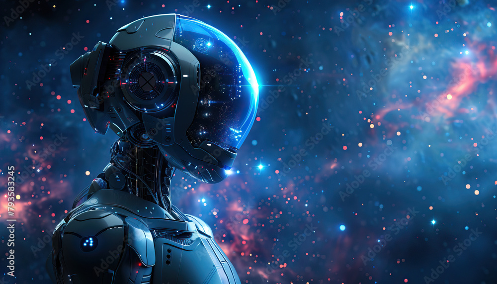 A robot with a blue helmet is standing in front of a starry sky by AI generated image