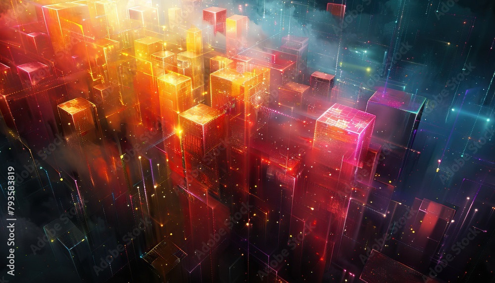 Fototapeta premium A colorful cityscape with many buildings and a lot of lights by AI generated image