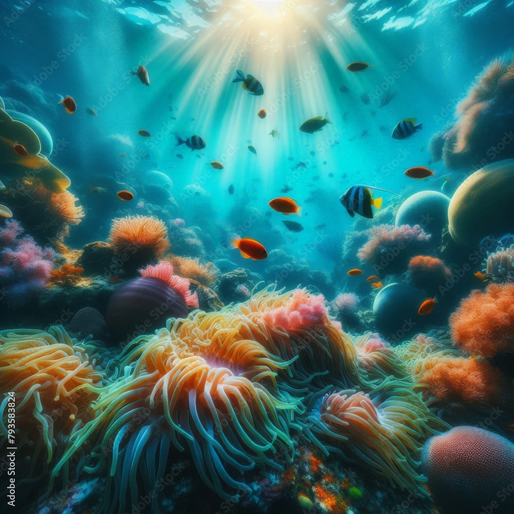 Corals and fish in the sea Corals and fish in the sea