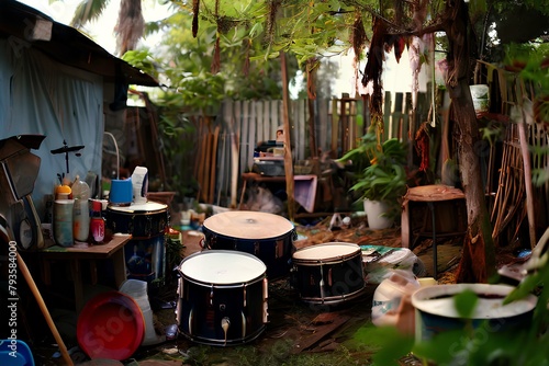 very messy unorganized backyard of a poor house with drums an hanging. photo