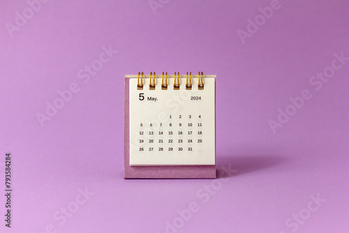 Calendar for May 2024 on a lilac background with copy space.