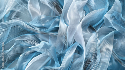 A seamless, flowing abstract pattern of icy blue and silver threads, woven together to create a frost-like appearance on a delicate fabric texture. photo