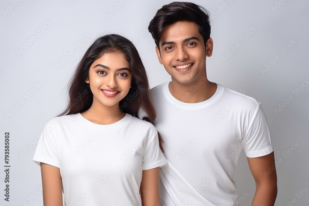 Indian couple in white t shirt on white background Indian couple in white t shirt on white background