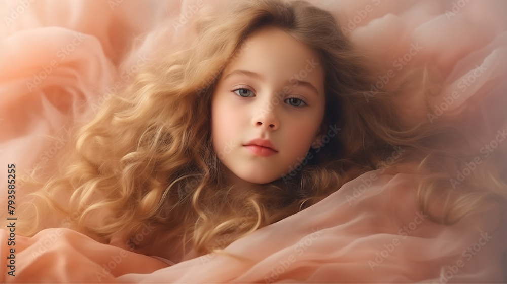 A young girl with curly hair gazes calmly, surrounded by a delicate peach fabric