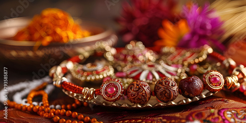 Traditional wedding ceremony celebrates love with ornate decorations and jewelry Raksha Bandhan background with an elegant Rakhi, Rice Grains and Kumkum.
