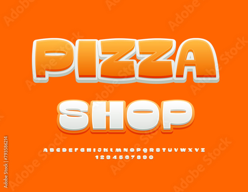 Vector delicious signboard Pizza Shop. Stylish modern Font. Decorative Alphabet Letters and Numbers set.