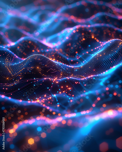 Abstract Wavy Landscape Futuristic digital landscape with glowing neon lines and nodes, representing a network of AI and data flow, perfect for tech backgrounds