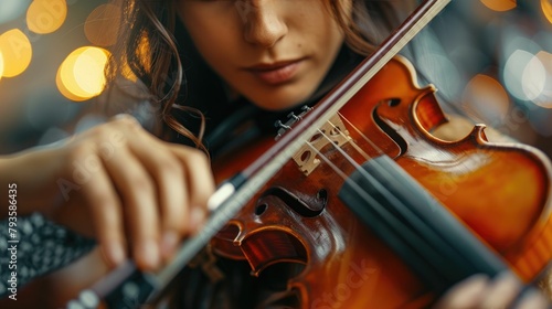 Close-up of a female violinist's hands skillfully playing the violin, with warm bokeh lights enhancing the intimate concert setting.
 photo