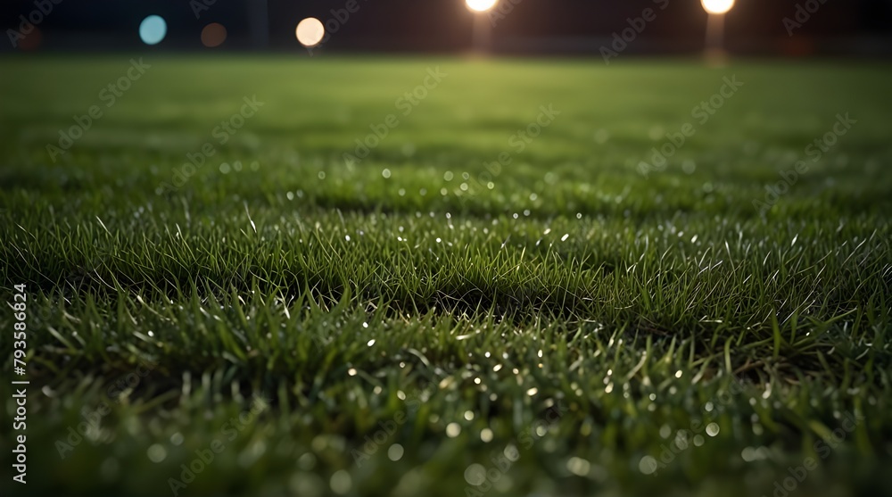 Green grass macro in sports arena with lights background. Close up of soccer field lines. Background soccer lawn grass football stadium ground view.generative.ai 