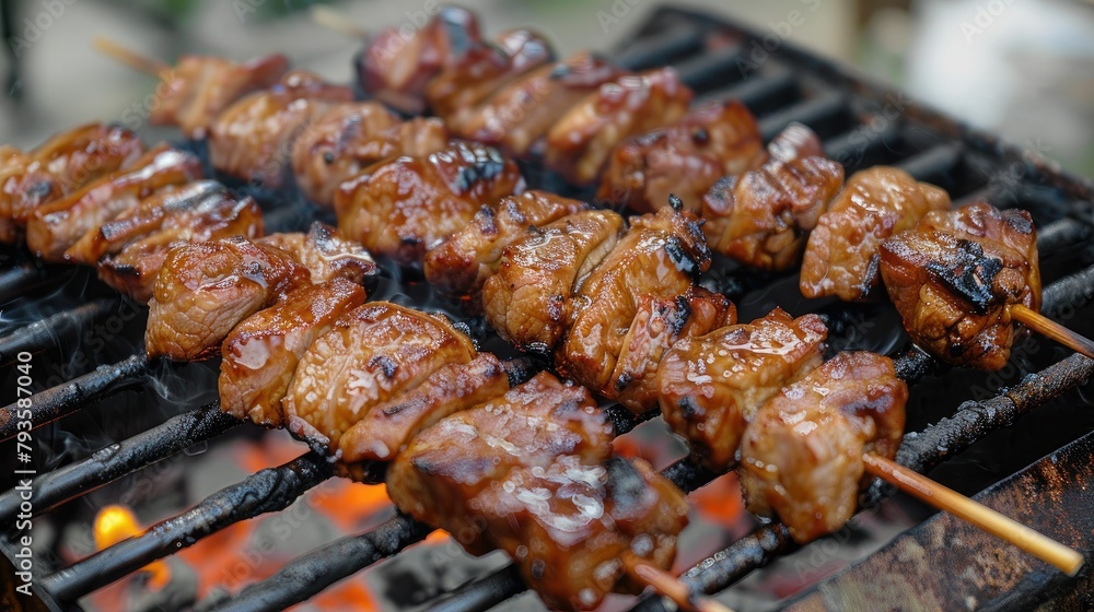 Grilled skewers of succulent pork on the barbecue