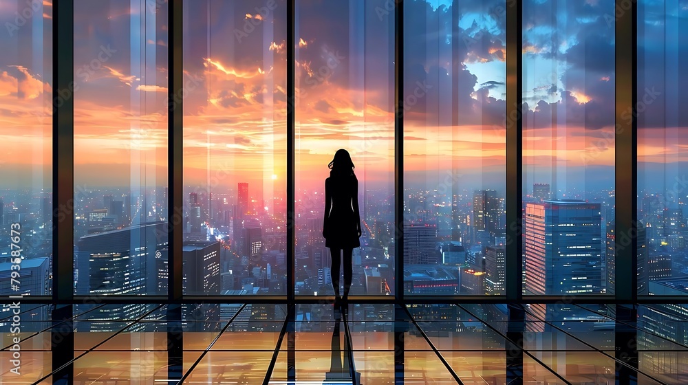 a business person standing in a high-rise office with floor-to-ceiling windows overlooking a sprawling city skyline